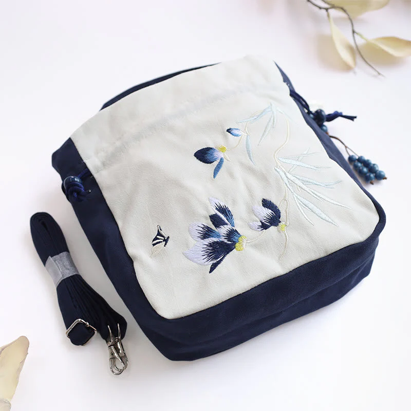 Embroidered Butterfly Lotus Cotton Linen Tote Bag 20cm - Image 3