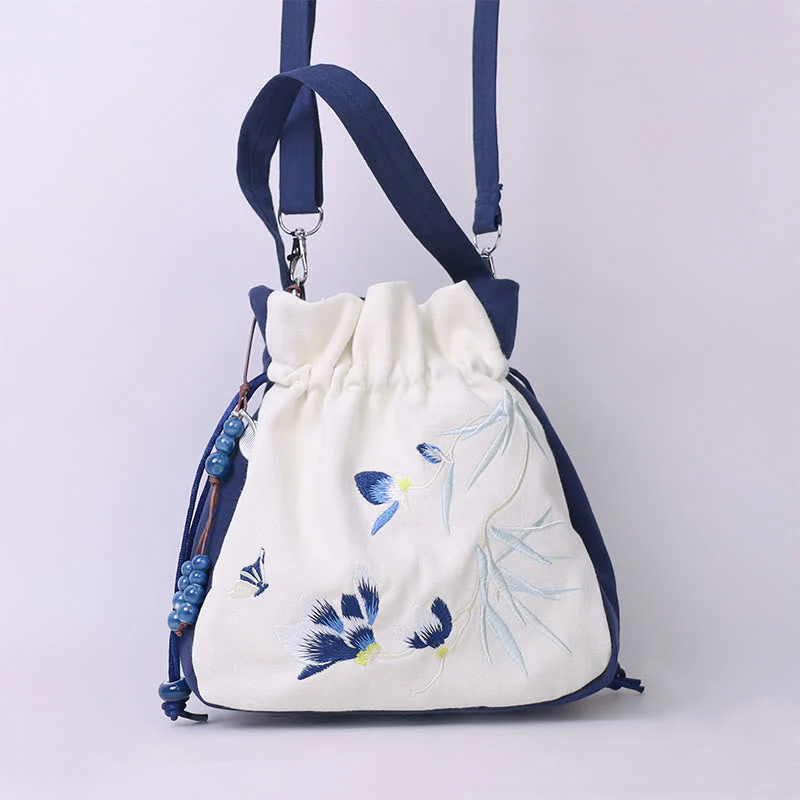 Embroidered Butterfly Lotus Cotton Linen Tote Bag 20cm - Image 5