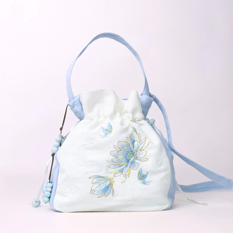 Embroidered Butterfly Lotus Cotton Linen Tote Bag 20cm - Image 6