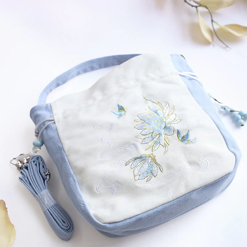 Embroidered Butterfly Lotus Cotton Linen Tote Bag 20cm - Image 9