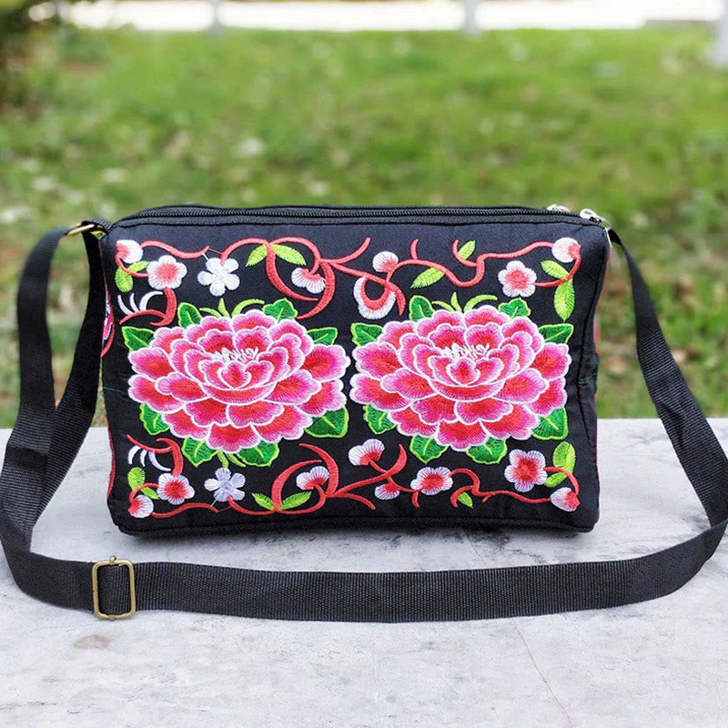 Embroidered Canvas Crossbody Bag with Peony and Peacock Motifs - Image 12