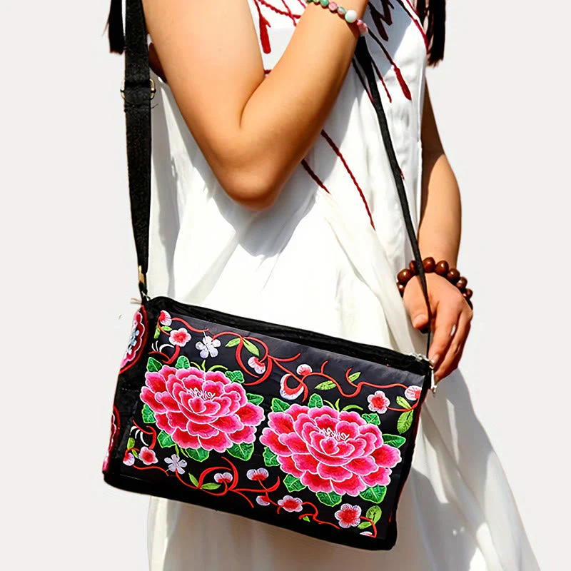 Embroidered Canvas Crossbody Bag with Peony and Peacock Motifs - Image 13
