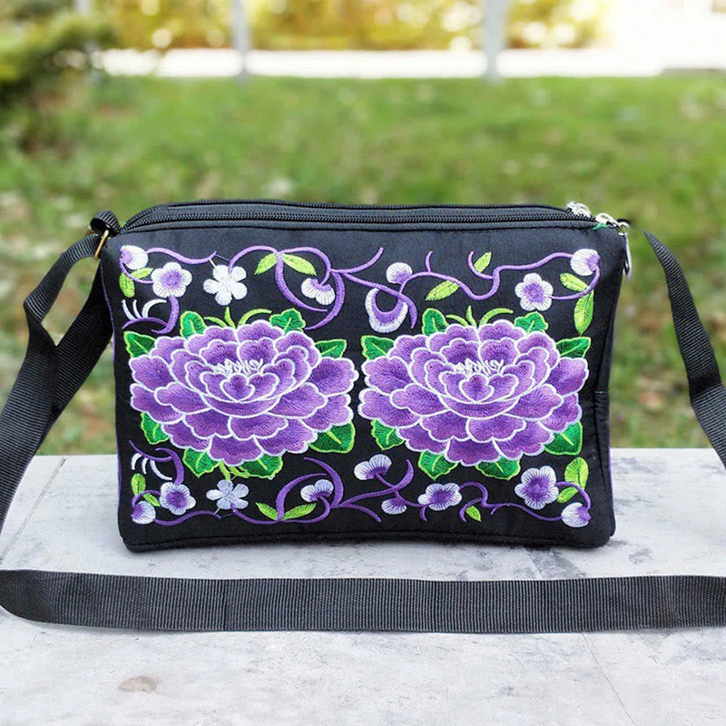 Embroidered Canvas Crossbody Bag with Peony and Peacock Motifs - Image 15
