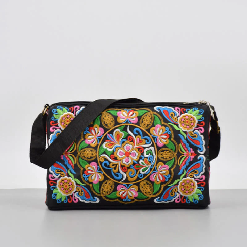 Embroidered Canvas Crossbody Bag with Peony and Peacock Motifs - Image 2