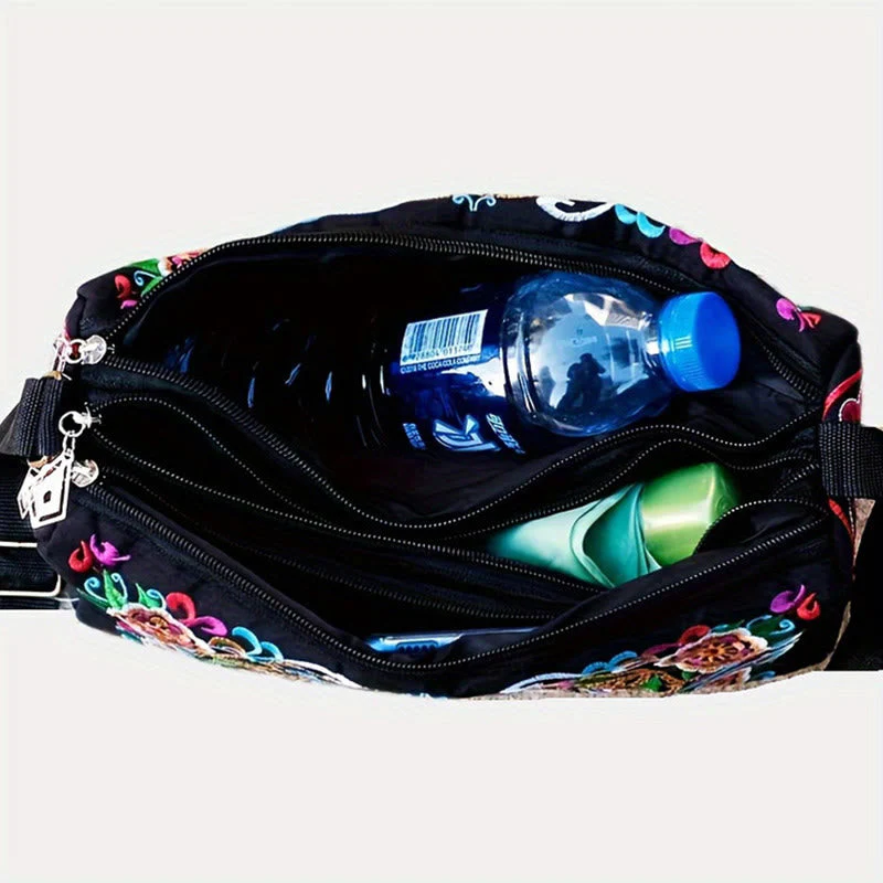 Embroidered Canvas Crossbody Bag with Peony and Peacock Motifs - Image 7