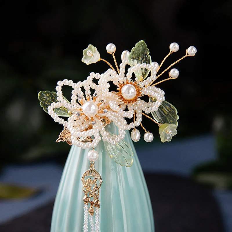 Handmade Flower Leaf Pearl Hair Clip With Tassel - Image 2
