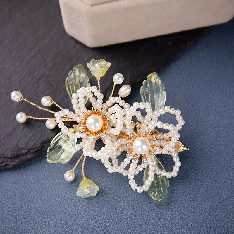 Handmade Flower Leaf Pearl Hair Clip With Tassel - Image 3