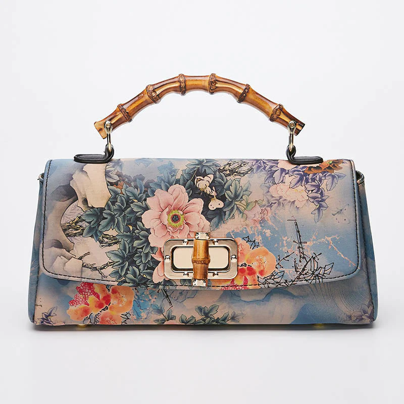 Flower Pattern Bamboo Handle Crossbody Bag 29cm - Image 2