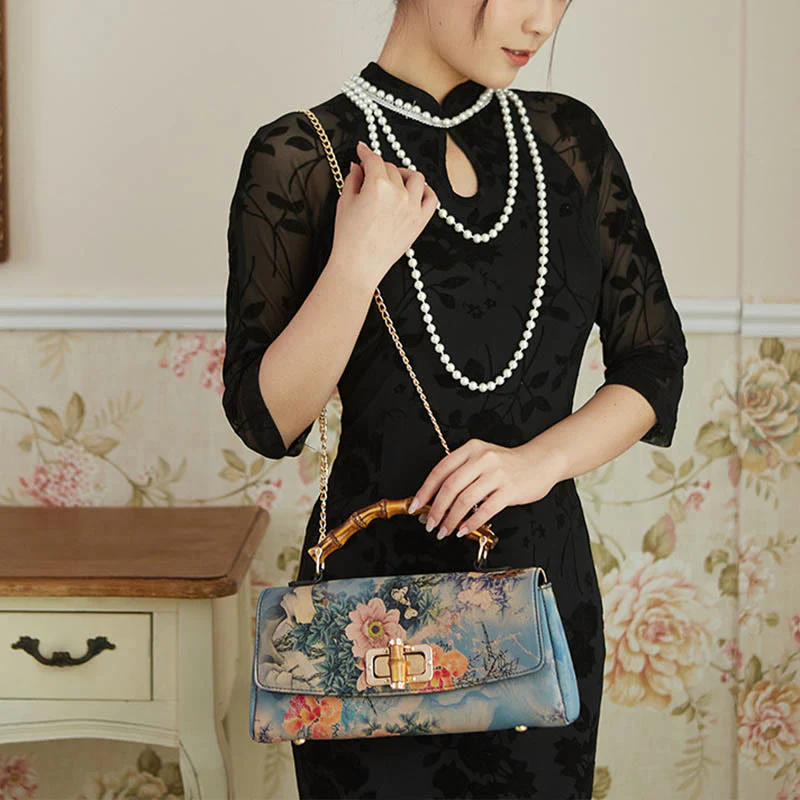 Flower Pattern Bamboo Handle Crossbody Bag 29cm - Image 3