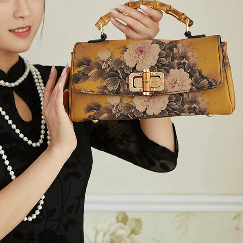 Flower Pattern Bamboo Handle Crossbody Bag 29cm - Image 4