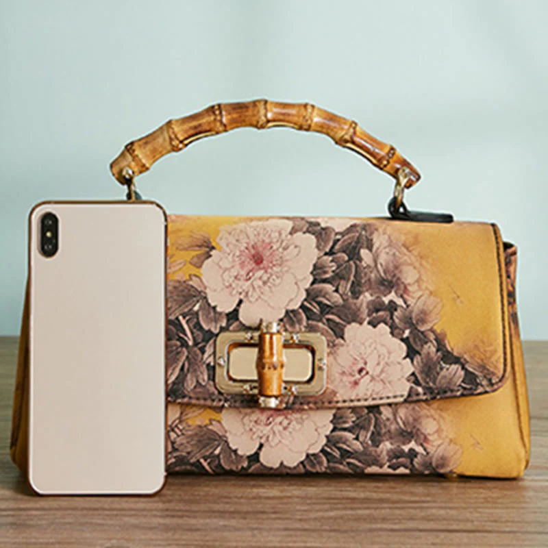 Flower Pattern Bamboo Handle Crossbody Bag 29cm - Image 5