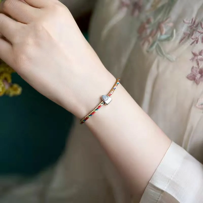 Multicolored Fu Character Red String Braided Bracelet 925 Silver - Image 7