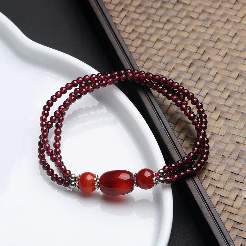 Garnet Red Agate Protection Triple Layer Bracelet - Image 2