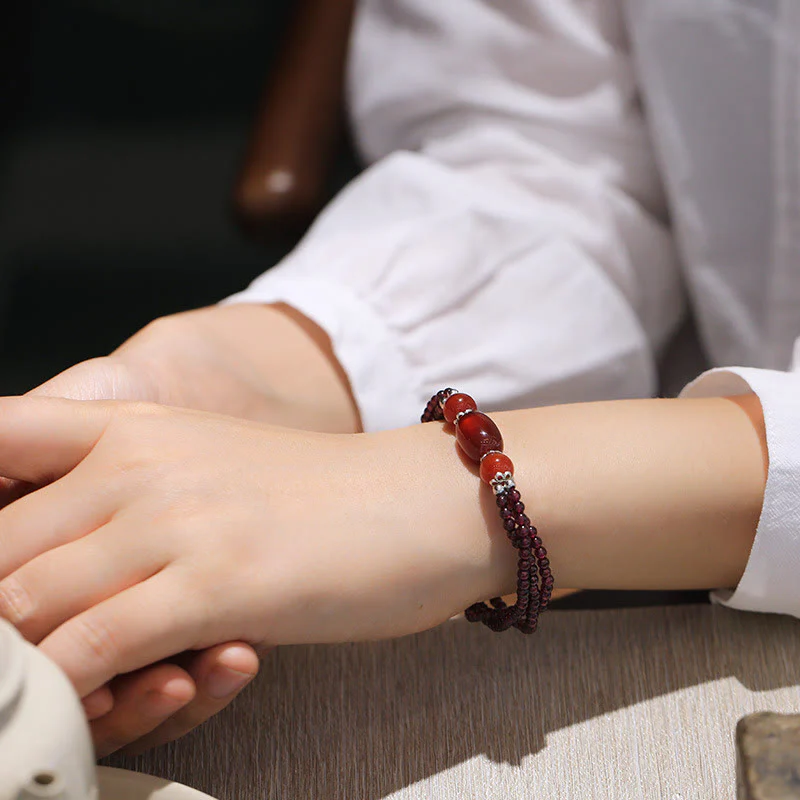 Garnet Red Agate Protection Triple Layer Bracelet - Image 4