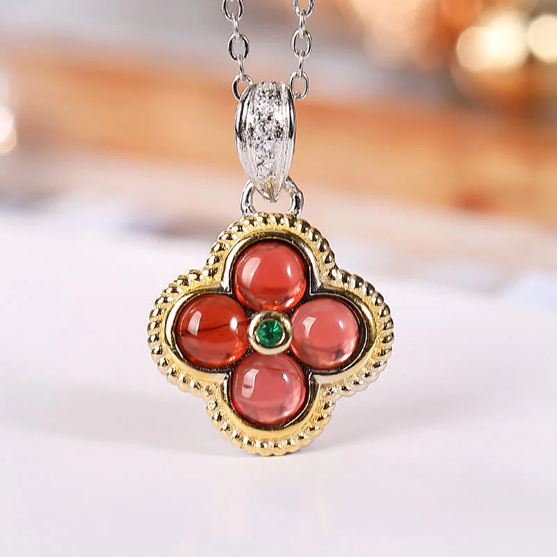 925 Sterling Silver Garnet Four-Leaf Clover Protection Necklace & Ring Set - Image 2