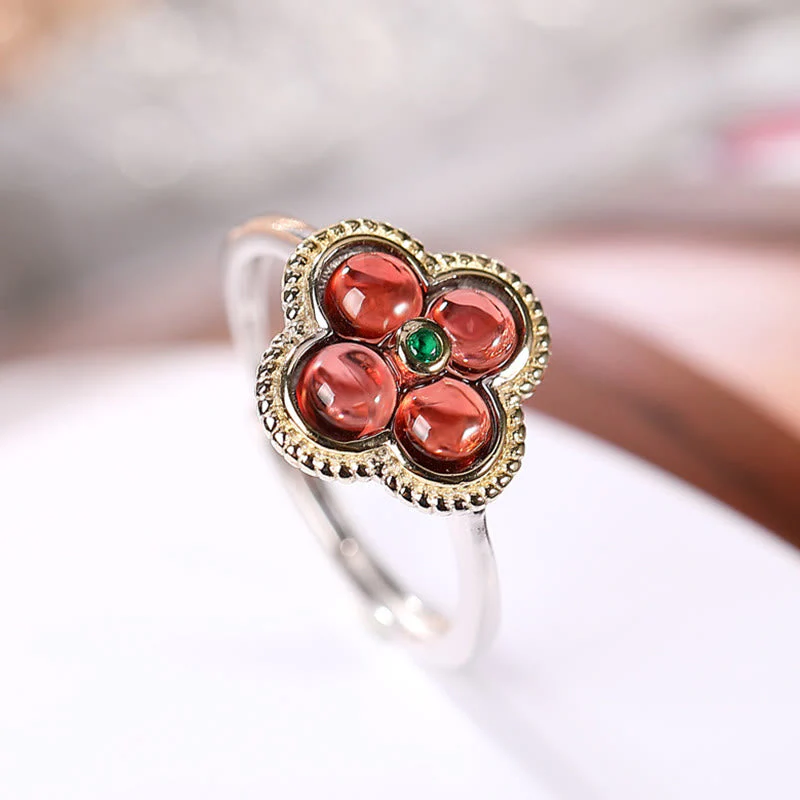 925 Sterling Silver Garnet Four-Leaf Clover Protection Necklace & Ring Set - Image 6
