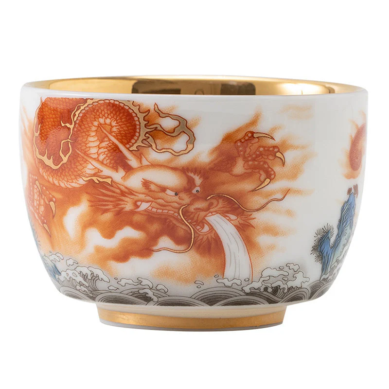 Gilt Ceramic Dragon Phoenix Crane Teacup 170ml Spiritual - Image 10
