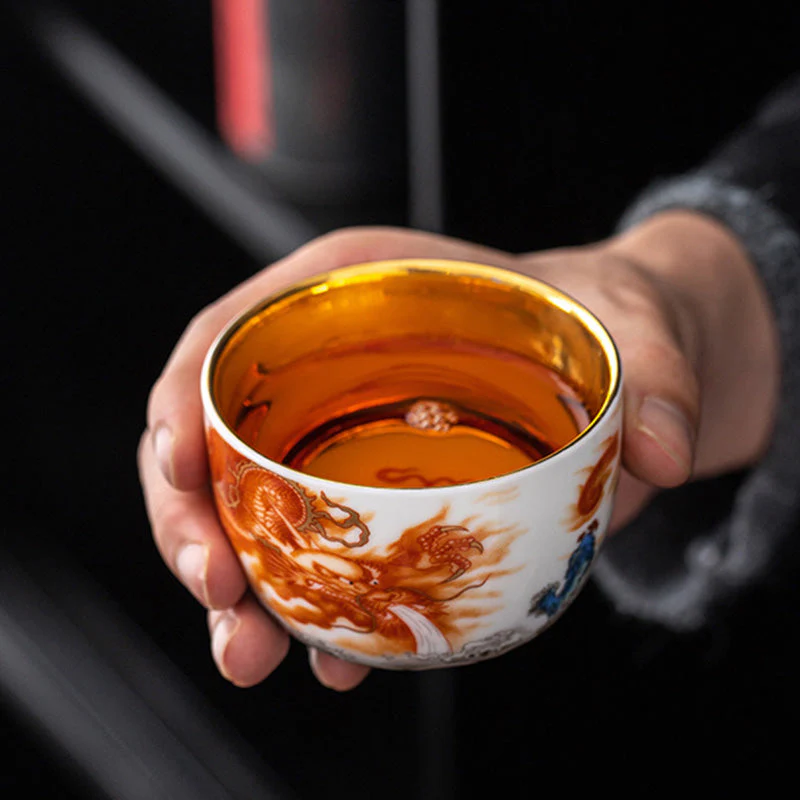 Gilt Ceramic Dragon Phoenix Crane Teacup 170ml Spiritual - Image 4