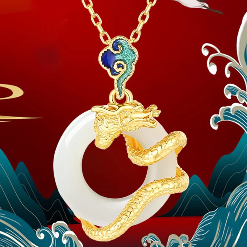 Gold Dragon Jade Pendant with White Hetian Jade Peace Buckle - Image 3