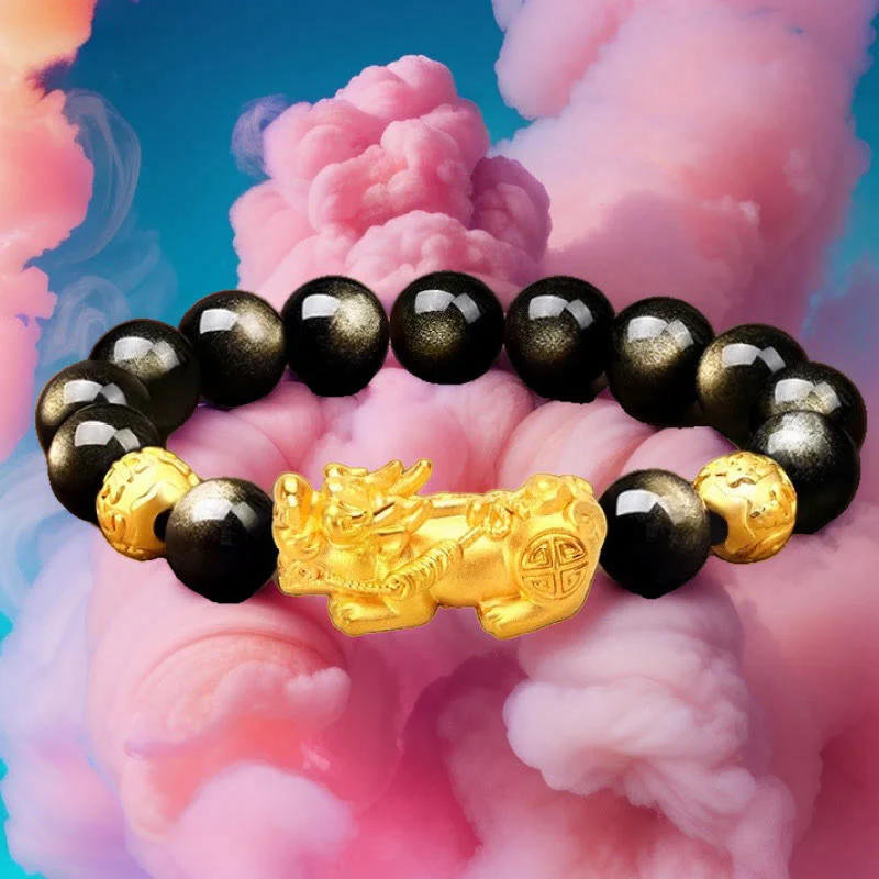 12mm Gold Sheen Obsidian Pixiu Om Mani Padme Hum Wealth Bracelet - Image 11