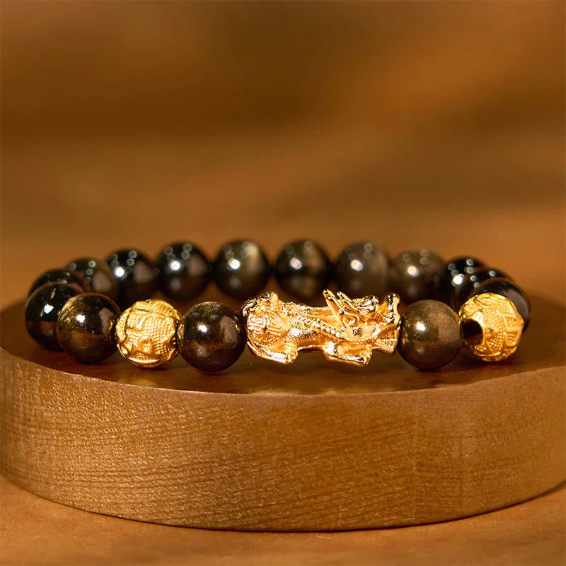 12mm Gold Sheen Obsidian Pixiu Om Mani Padme Hum Wealth Bracelet - Image 4