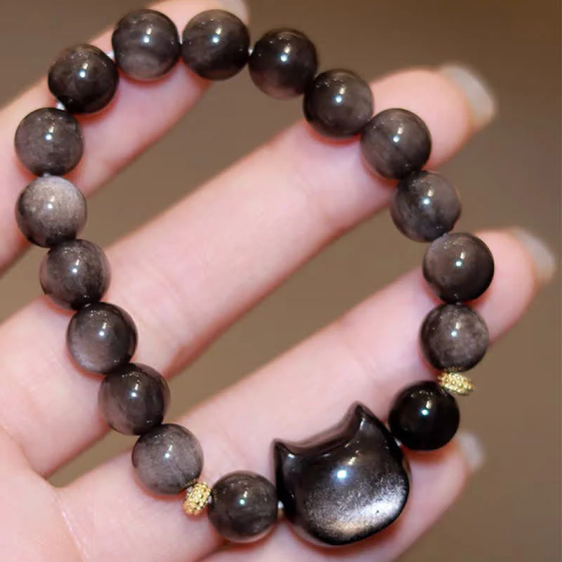 8mm Gold Sheen Obsidian Protection Bracelet with Lucky Cat Paw - Image 31