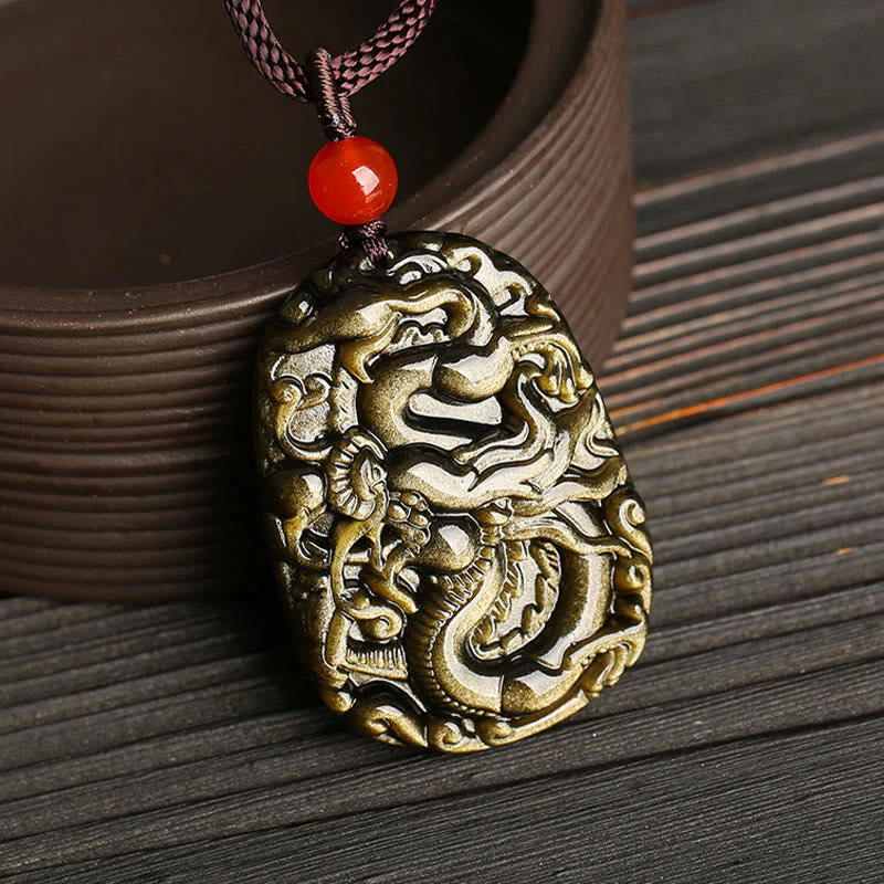 Gold Sheen Obsidian Dragon Necklace for Success & Power - Image 2
