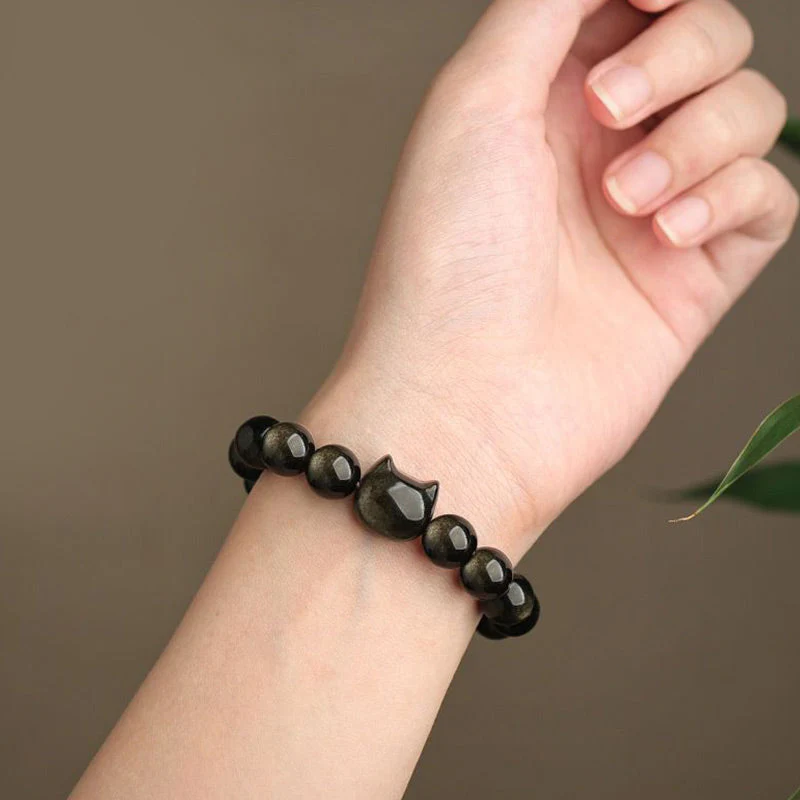 Gold Sheen Obsidian Lucky Cat Protection Bracelet - Image 10