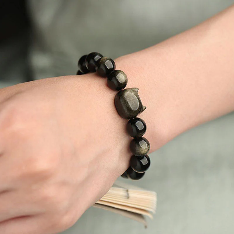 Gold Sheen Obsidian Lucky Cat Protection Bracelet - Image 14
