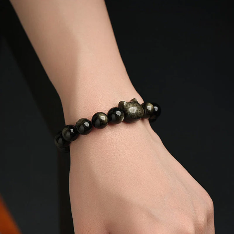 Gold Sheen Obsidian Lucky Cat Protection Bracelet - Image 15