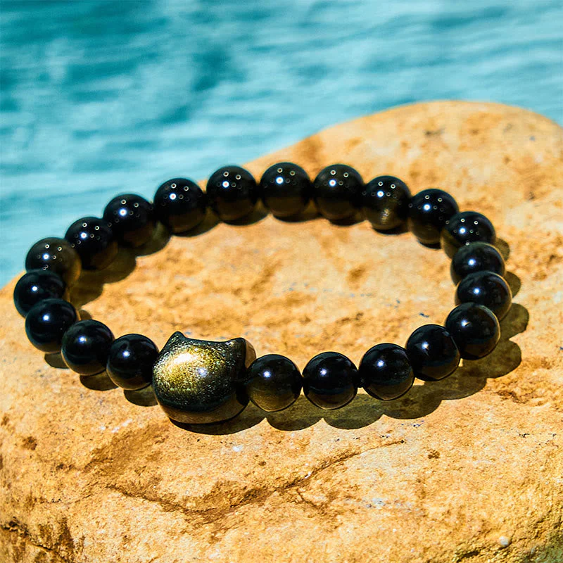 Gold Sheen Obsidian Lucky Cat Protection Bracelet - Image 2