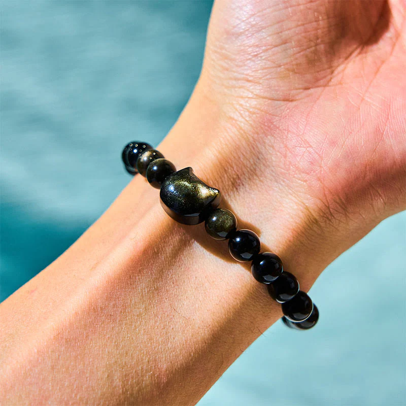 Gold Sheen Obsidian Lucky Cat Protection Bracelet - Image 4