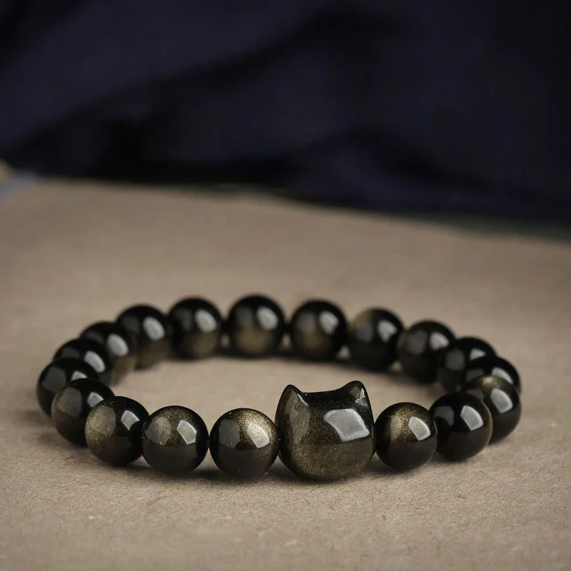 Gold Sheen Obsidian Lucky Cat Protection Bracelet - Image 5