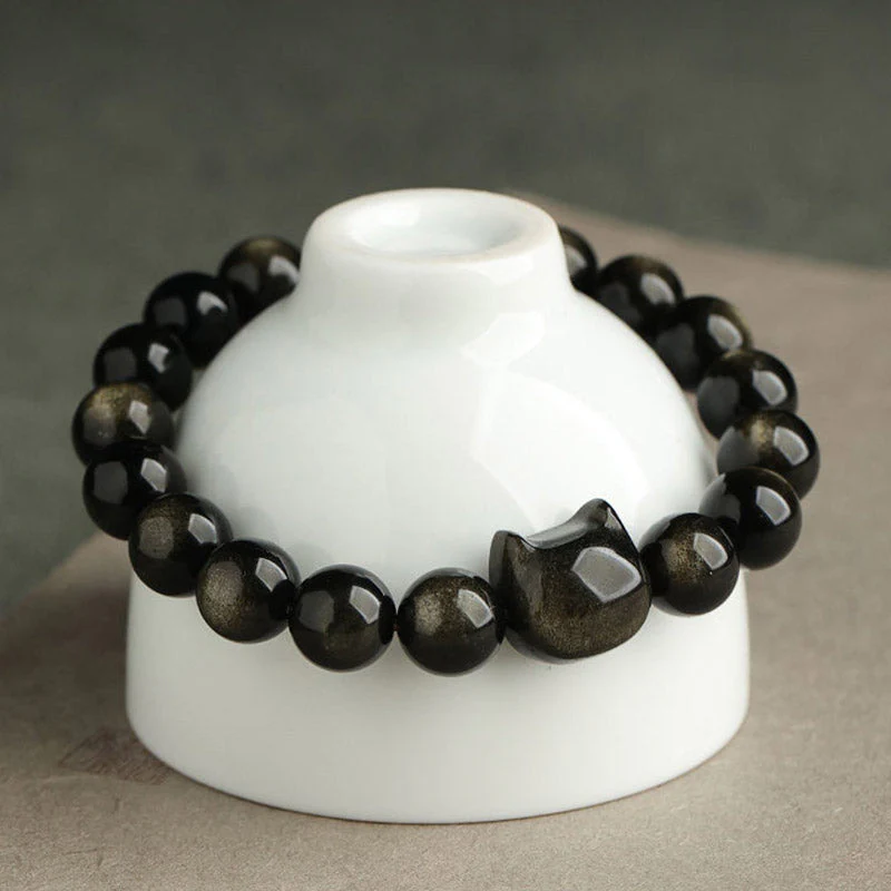 Gold Sheen Obsidian Lucky Cat Protection Bracelet - Image 6