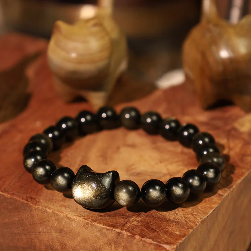 Gold Sheen Obsidian Lucky Cat Protection Bracelet - Image 7