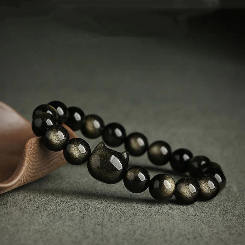 Gold Sheen Obsidian Lucky Cat Protection Bracelet - Image 8