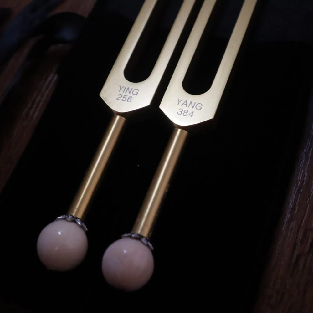 256 Hz, 384 Hz Tuning Forks for Chakra Healing Therapy - Gold Yin Yang Tuning Fork Set