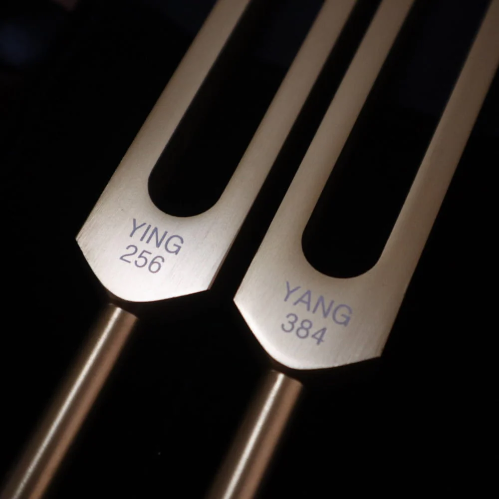 256 Hz, 384 Hz Tuning Forks for Chakra Healing Therapy - Gold Yin Yang Tuning Fork Set - Image 2