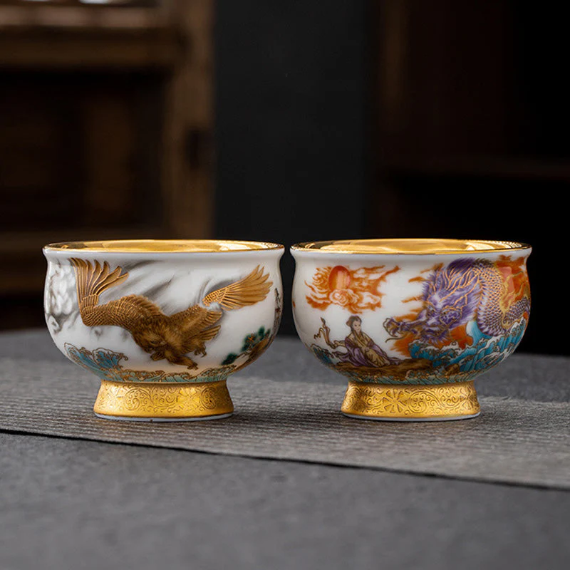 Golden Eagle & Auspicious Dragon Gilt Ceramic Tea Set with Gift Box - Image 2