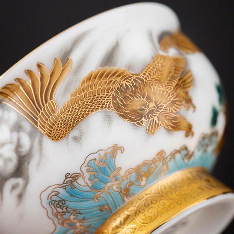 Golden Eagle & Auspicious Dragon Gilt Ceramic Tea Set with Gift Box - Image 5