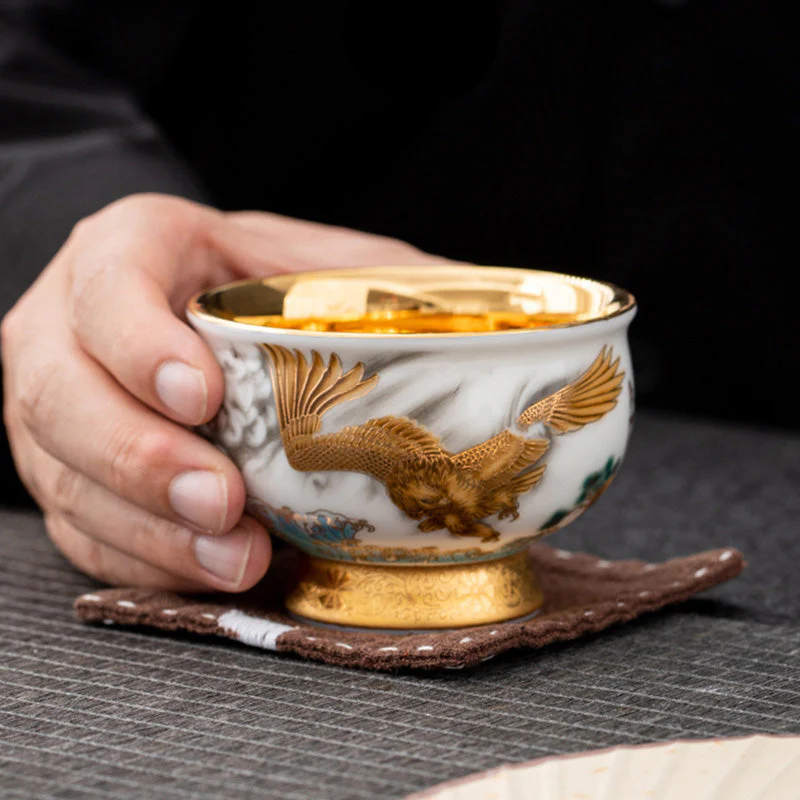 Golden Eagle & Auspicious Dragon Gilt Ceramic Tea Set with Gift Box - Image 6