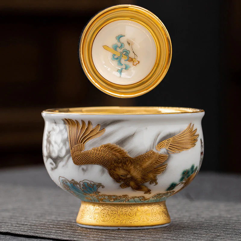 Golden Eagle & Auspicious Dragon Gilt Ceramic Tea Set with Gift Box - Image 7