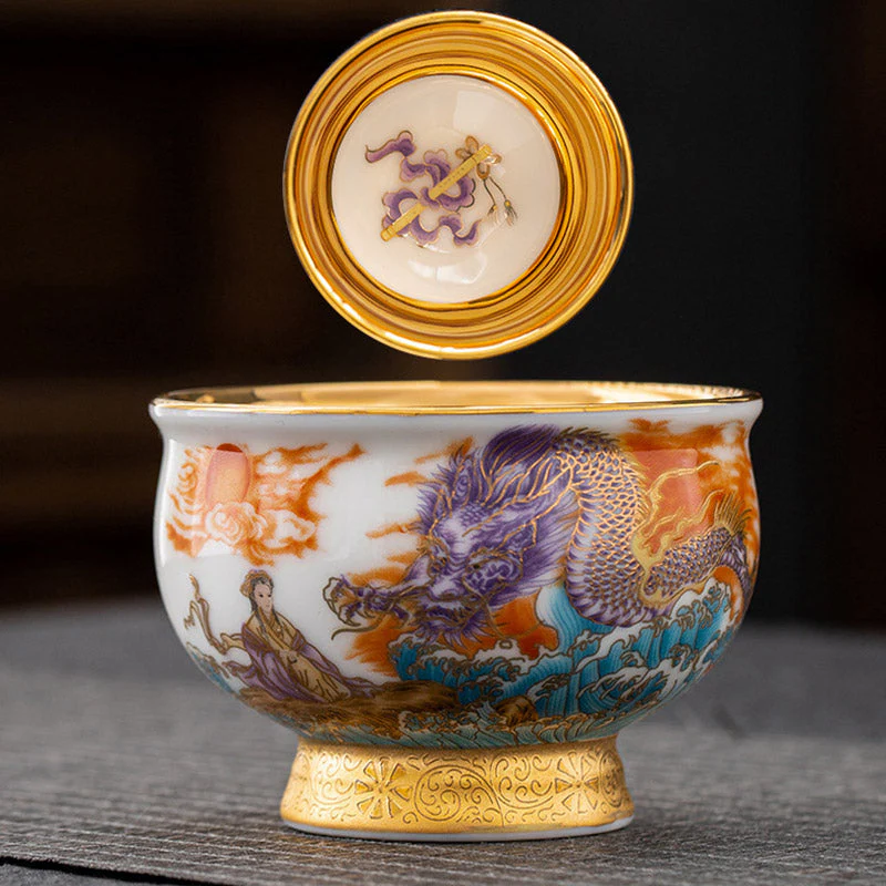 Golden Eagle & Auspicious Dragon Gilt Ceramic Tea Set with Gift Box - Image 8
