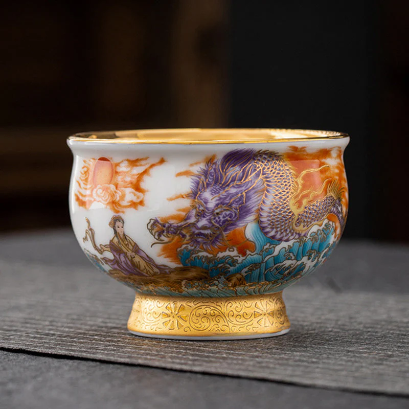 Golden Eagle & Auspicious Dragon Gilt Ceramic Tea Set with Gift Box - Image 9
