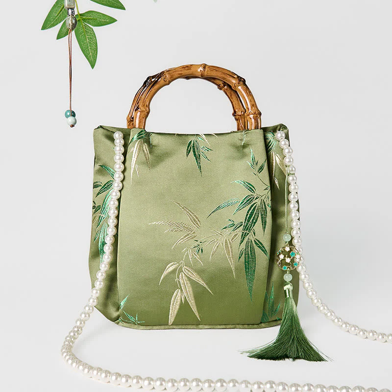 Green Bamboo Handle Pearl Crossbody Bag with Leaf Embroidery - Image 3
