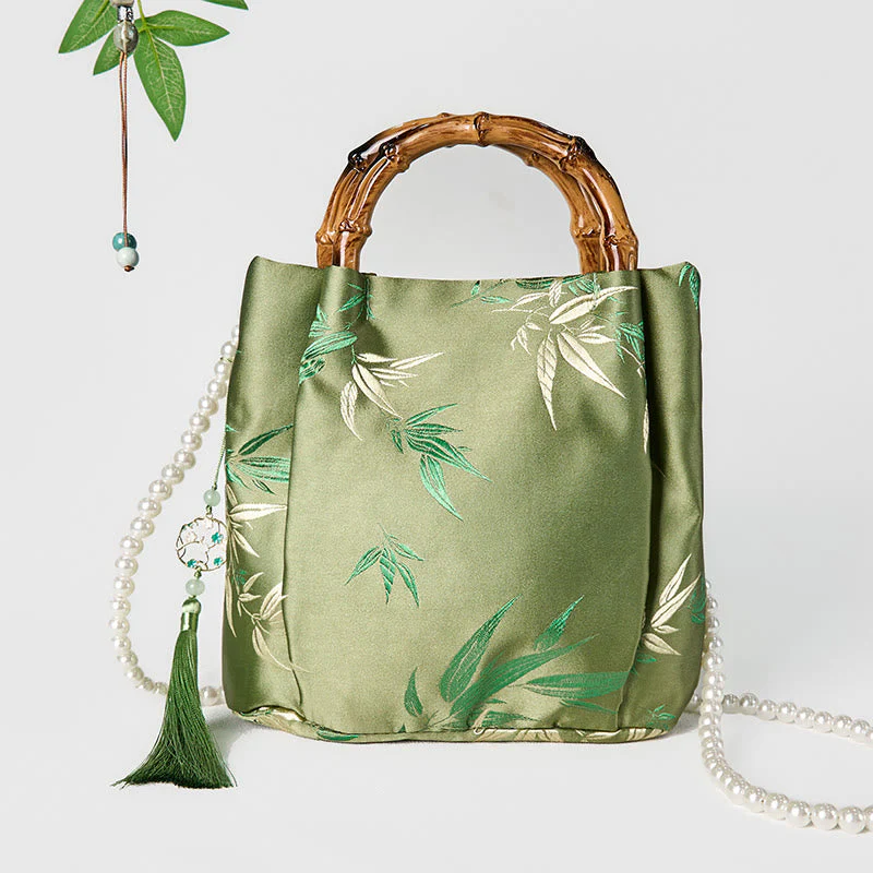 Green Bamboo Handle Pearl Crossbody Bag with Leaf Embroidery - Image 4