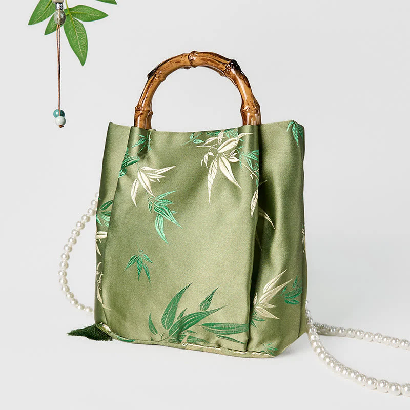 Green Bamboo Handle Pearl Crossbody Bag with Leaf Embroidery - Image 5