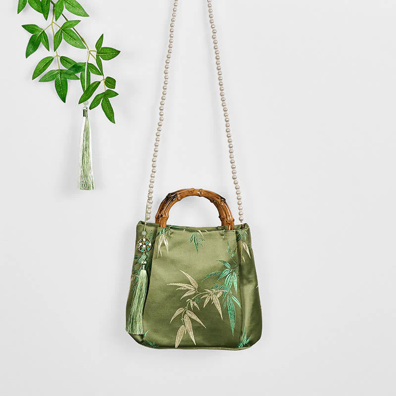 Green Bamboo Handle Pearl Crossbody Bag with Leaf Embroidery - Image 7