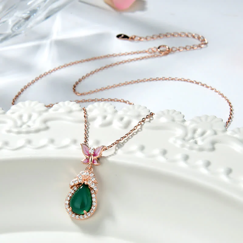 Unisex Green Chalcedony Butterfly Courage Necklace in Silver or Rose Gold - Image 3