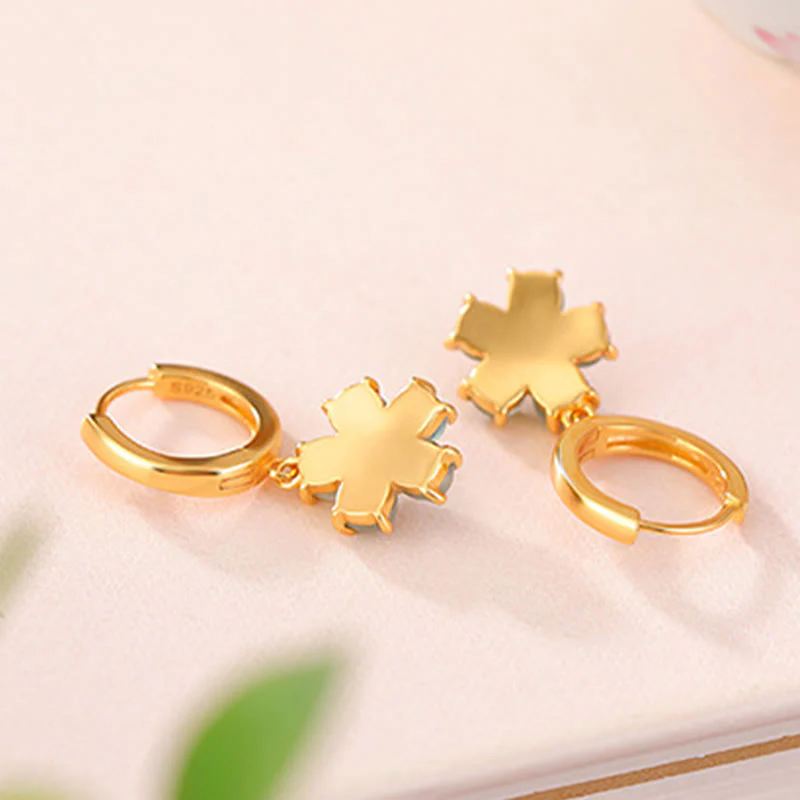 925 Sterling Silver Gold Plated Green Jade Flower Earrings for Prosperity - Image 2